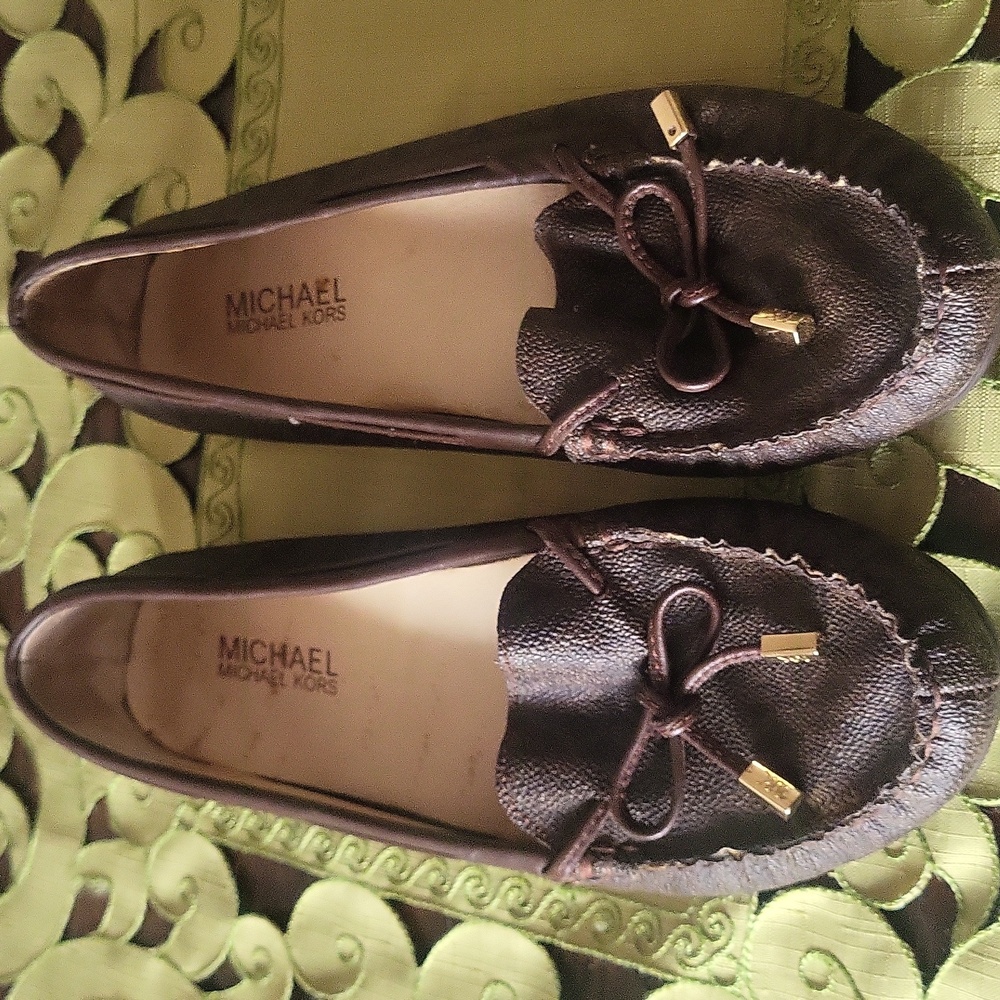 Michael Kors Dark Brown Monogram Leather Moccasins with Gold Accents